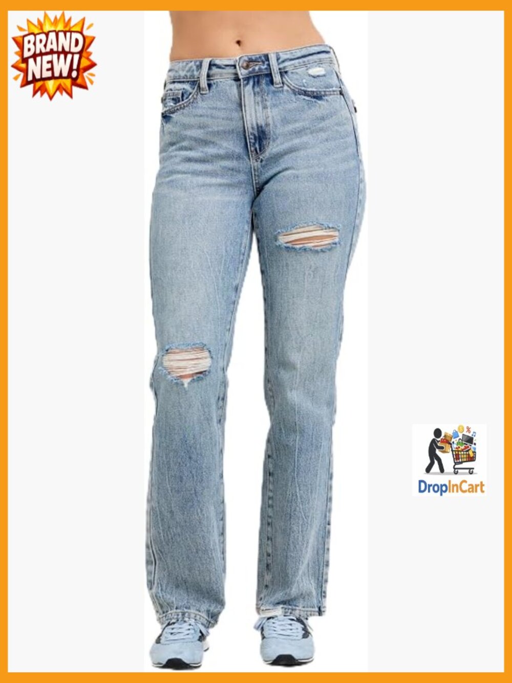 High Waisted Slim Straight Jeans - Cotton Stretch Denim